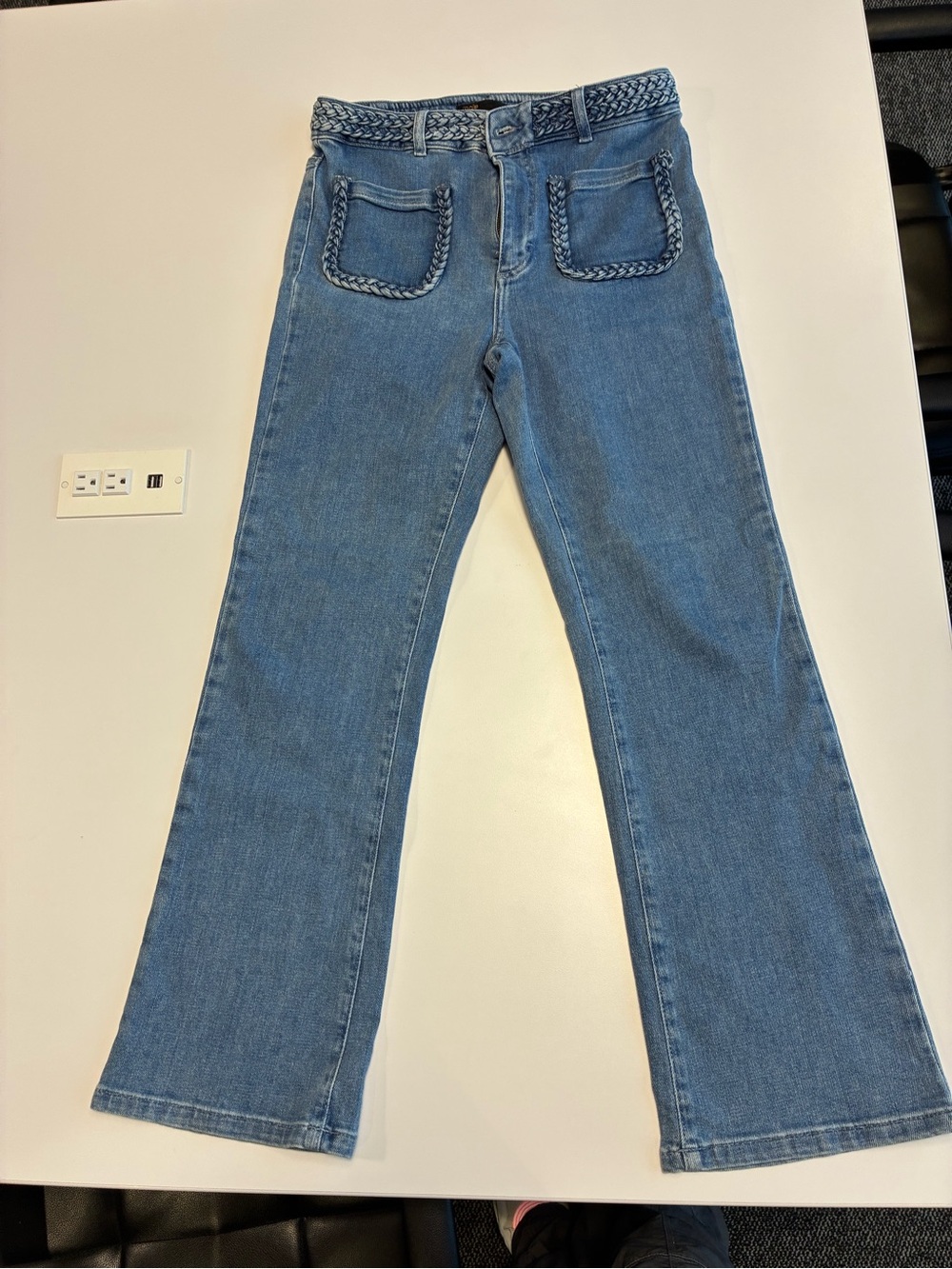 Maje Light Blue Braided-Waist Bootcut Jeans